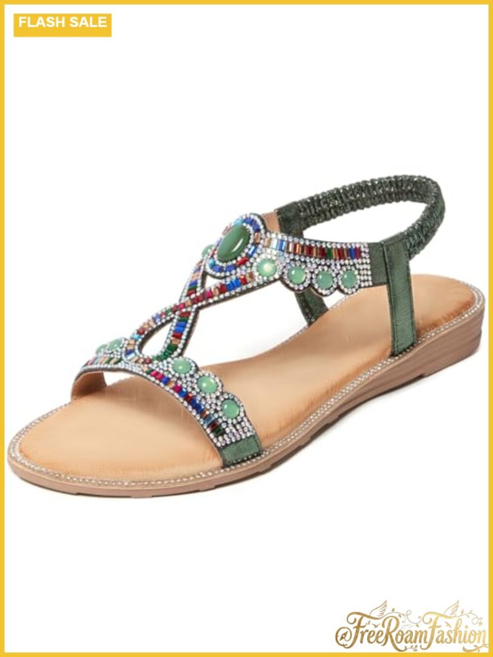 Rhinestone T-Strap Flat Sandals Faux Leather Open Toe Elastic Ankle Strap
